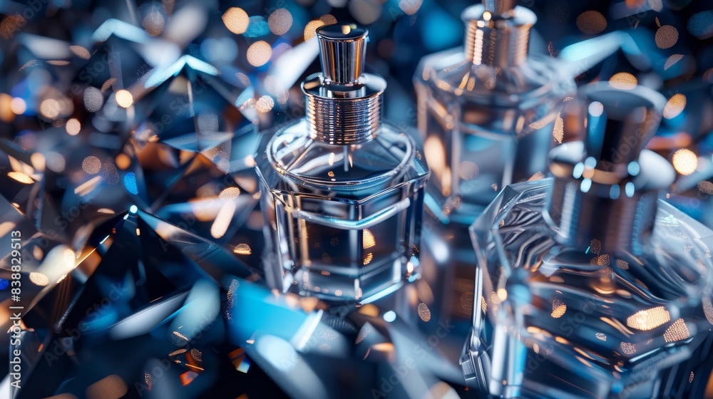A high-tech 3D background featuring abstract luxury cosmetics structures like crystal-clear perfume bottles and diamond-encrusted compacts with space for branding A high-tech 3D background featuring abstract luxury cosmetics structures like crystal-clear perfume bottles and diamond-encrusted compacts with space for branding