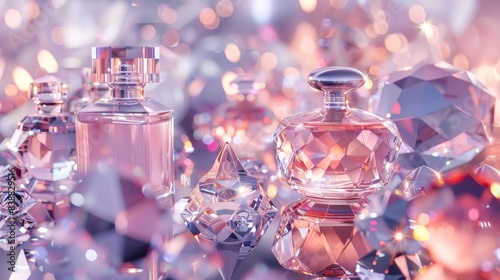 A high-tech 3D background featuring abstract luxury cosmetics structures like crystal-clear perfume bottles and diamond-encrusted compacts with space for branding