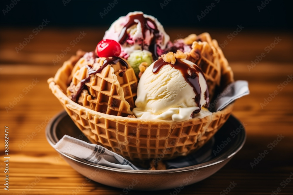 Waffle Bowl of Ice Cream with Berries and Chocolate Sauce on Wooden Table Waffle Bowl of Ice Cream with Berries and Chocolate Sauce on Wooden Table