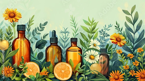 Natural cosmetic background with chamomile flowers and bottles of essential oil