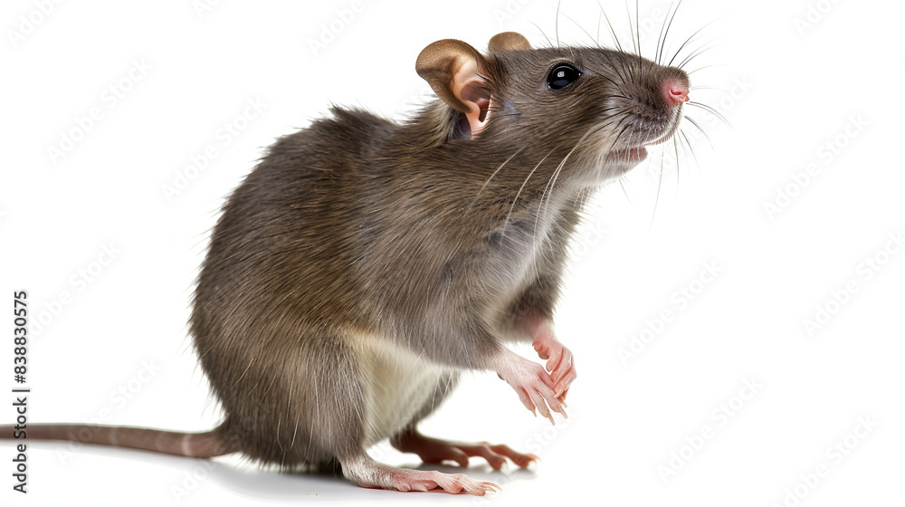 closeup young rat Rattus norvegicus stands on its feets isolated on a white background, generative AI