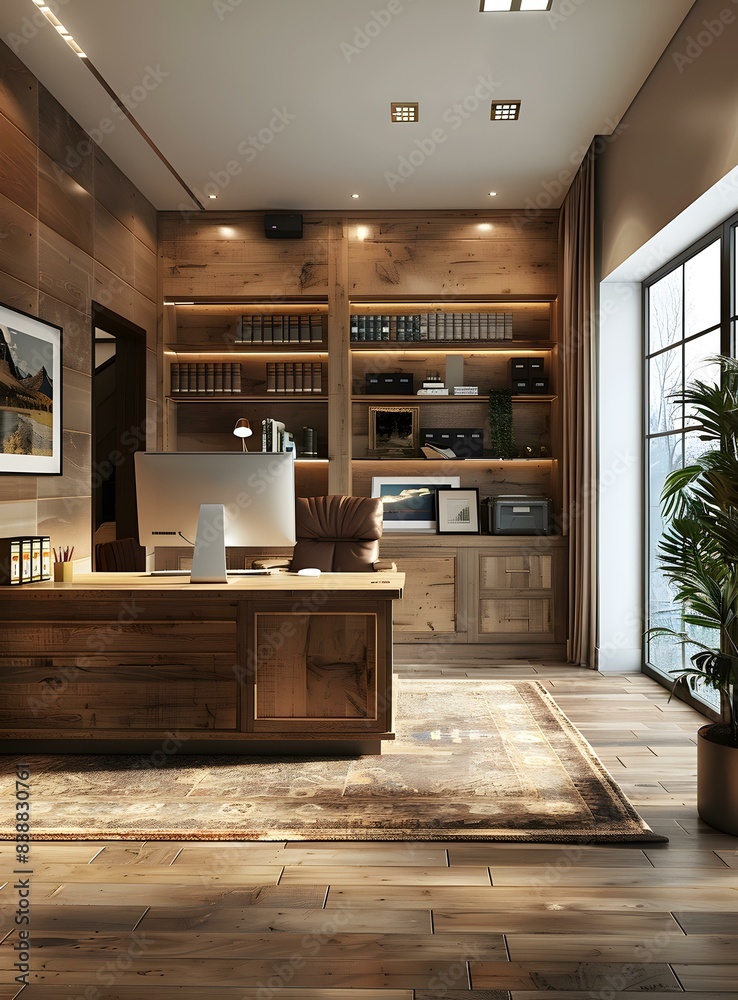 Fototapeta premium Home office interior design with wooden wall paneling and large windows