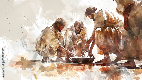 A watercolor painting depicts Jesus washing the feet of his disciples, showcasing a powerful moment of humility and service