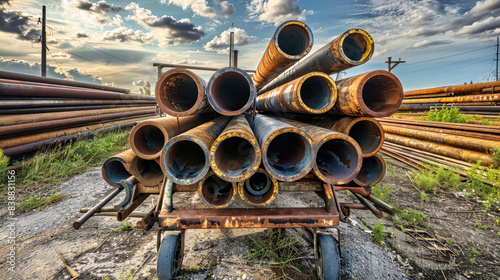 A hand truck loaded with rusty steel pipes sits in a yard, with rows of pipes stacked in the background. The sky is filled with vibrant clouds at sunset