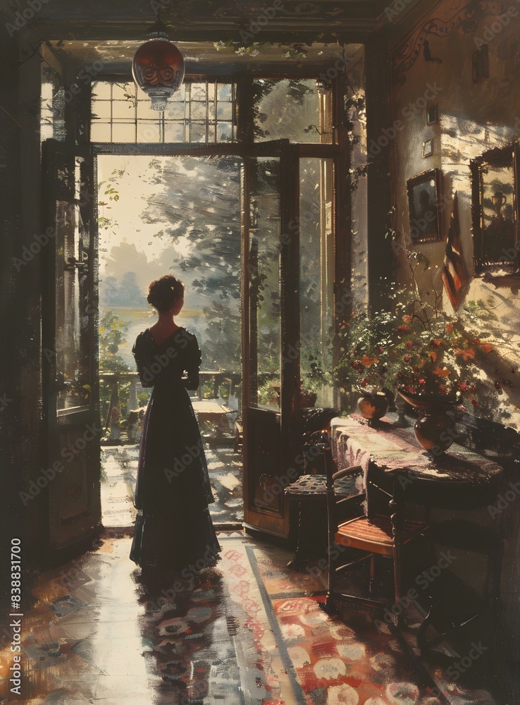 elegant woman in a long black dress standing in the parlor and looking out at the garden elegant woman in a long black dress standing in the parlor and looking out at the garden