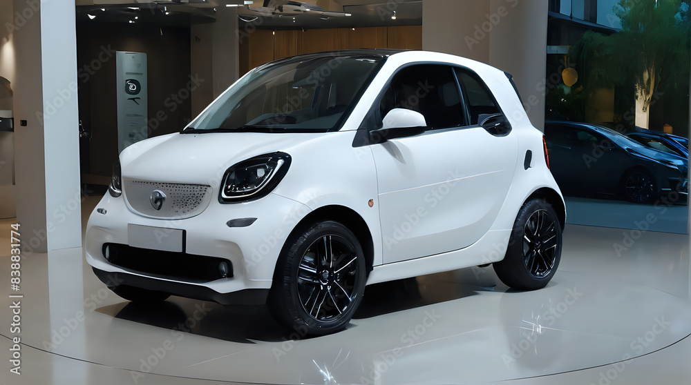 Obraz premium a smart car on display in a showroom with a car in the background