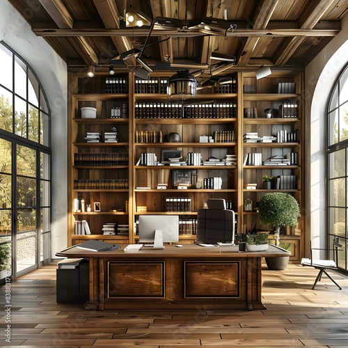 Home office in a rustic wooden house