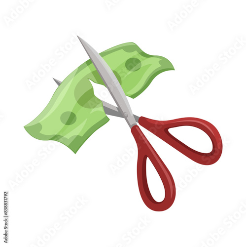 Scissors Cutting Money Paper, Economy Metaphor Symbol Cartoon Illustration Vector