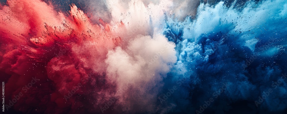 Fototapeta premium Explosion of red, white, and blue color powder in motion