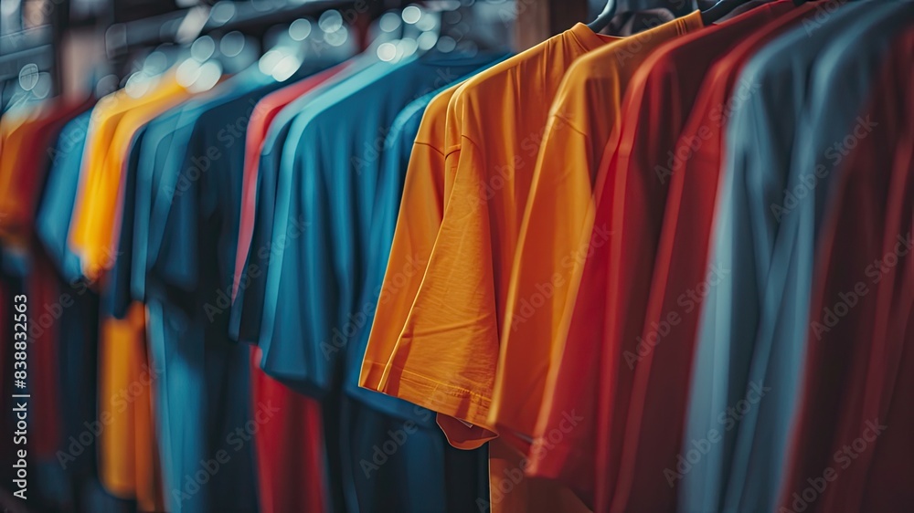 Close-up of a T-shirt rack in a clothes store, showcasing apparel and fashion items. Ideal for retail, closet organization, and fashion concepts with copy space. Close-up of a T-shirt rack in a clothes store, showcasing apparel and fashion items. Ideal for retail, closet organization, and fashion concepts with copy space.