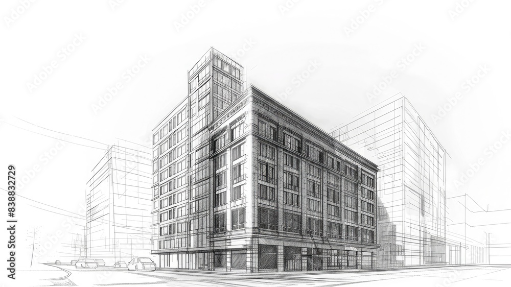 Sketch-style render of a retro office building resembling a blueprint. Ample copy space for vintage architectural concepts and designs.