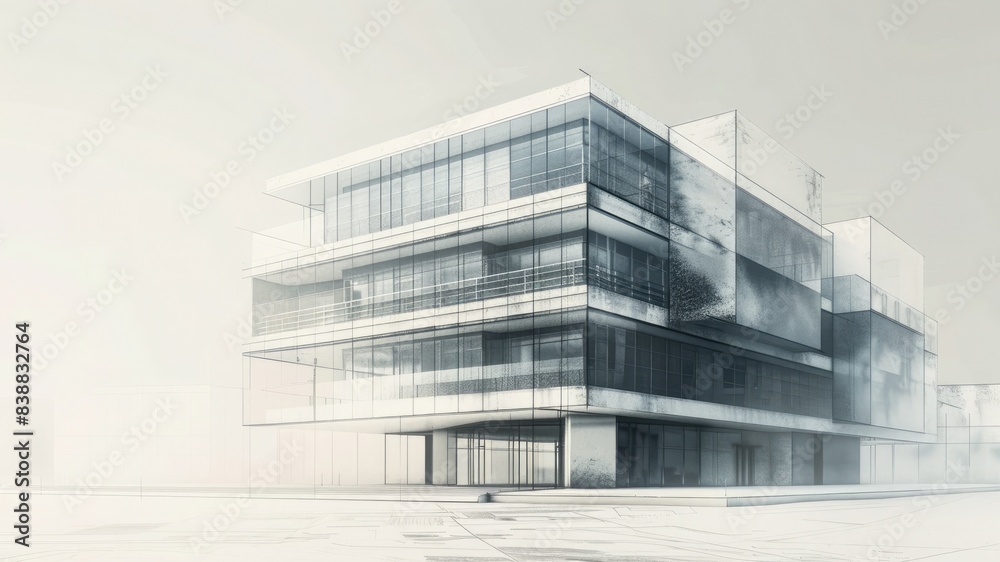 Authentic render of retro office building, combining sketch form and blueprint detail with ample copy space. Perfect for creative projects. Authentic render of retro office building, combining sketch form and blueprint detail with ample copy space. Perfect for creative projects.
