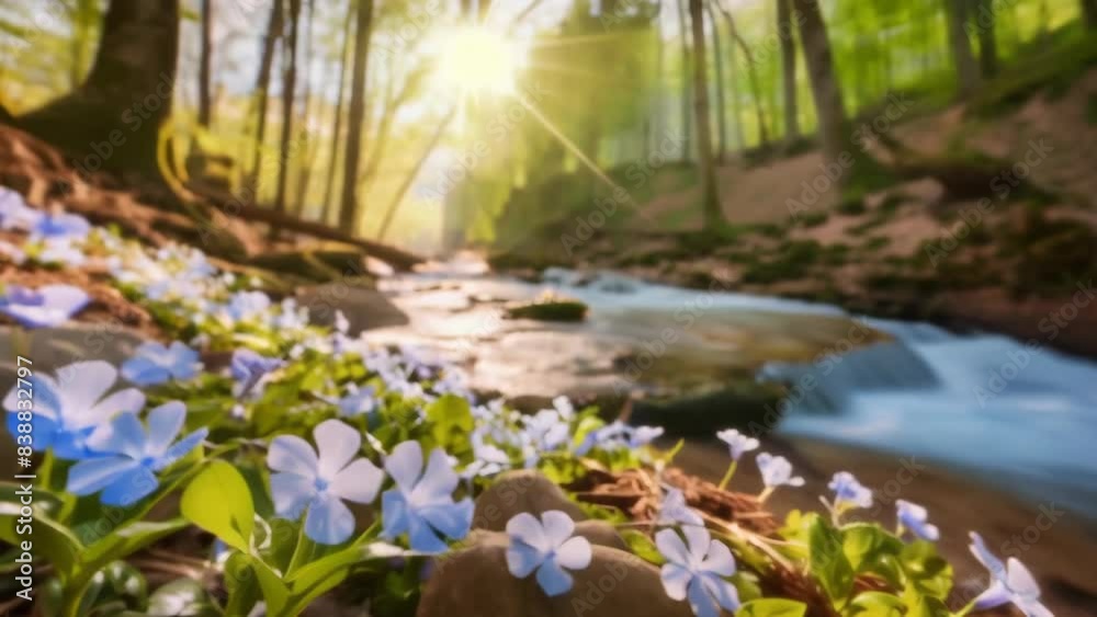 A sun-drenched forest stream rushes over rocks, surrounded by vibrant green moss and trees. Blue wildflowers bloom in the foreground, adding a touch of delicate beauty. A sun-drenched forest stream rushes over rocks, surrounded by vibrant green moss and trees. Blue wildflowers bloom in the foreground, adding a touch of delicate beauty.
