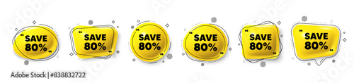 Save 80 percent off tag. Speech bubble 3d icons set. Sale Discount offer price sign. Special offer symbol. Discount chat talk message. Speech bubble banners with comma. Text balloons. Vector