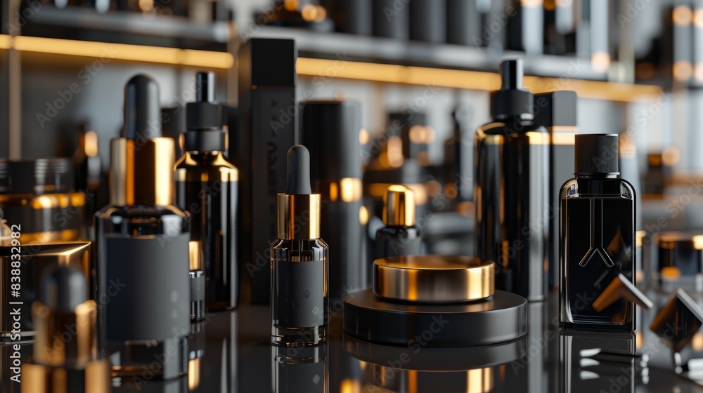 A sophisticated 3D rendering of luxury products featuring state-of-the-art materials like graphene and bio-based polymers, captured in a high-end studio shot with ample copy space A sophisticated 3D rendering of luxury products featuring state-of-the-art materials like graphene and bio-based polymers, captured in a high-end studio shot with ample copy space