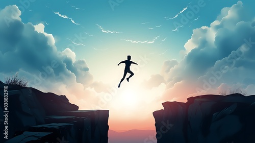 Go ahead and continuously improvement concept silhouette man jump on a cliff from past to future with cloud sky background  photo