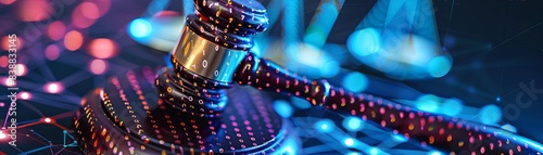 Close-up of a judge's gavel with digital technology background, representing the intersection of law and technology.