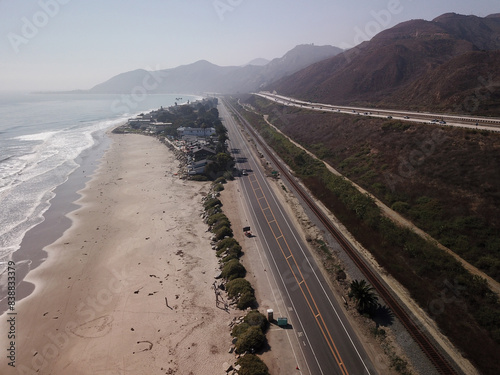 A drone view of an empty Solimar Beach, in Ventura, California, CA.