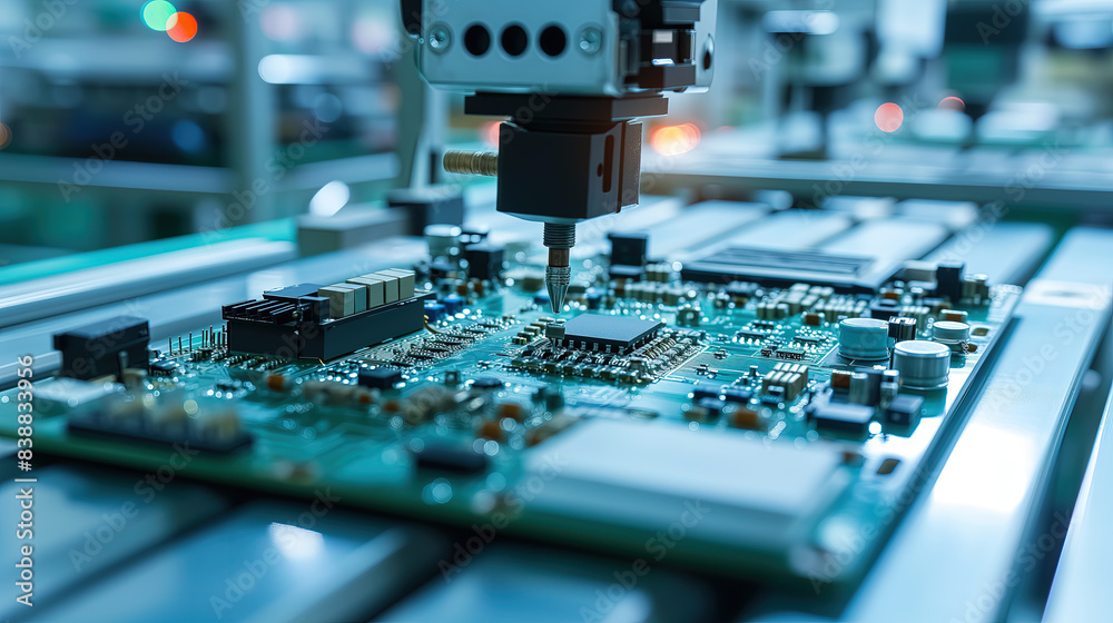 Robotic Arms Assembling Circuit Boards in High-Tech Factory Robotic Arms Assembling Circuit Boards in High-Tech Factory