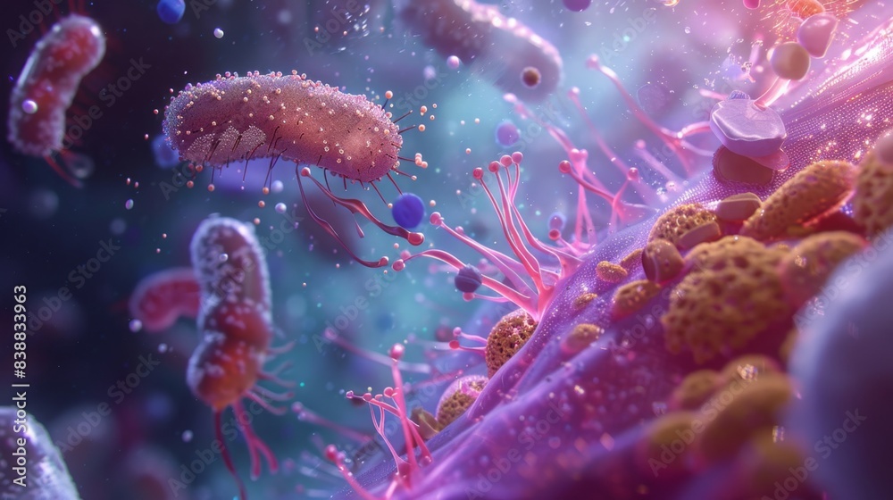 Fototapeta premium Vibrant, detailed depiction of microscopic bacteria in a colorful, dynamic environment. Perfect for scientific and educational material.