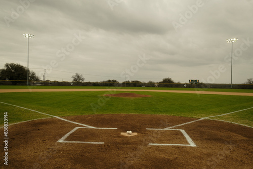 Wide Angle Baseball Field from Home Plate with Stadium lights