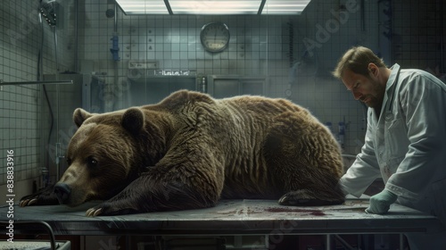 Veterinarian examining a tranquilized brown bear on an operating table in a clinical environment, focused on wildlife conservation and health. photo