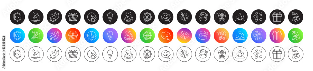 Gift, Pillow and Coupons line icons. Round icon gradient buttons. Pack of Ferris wheel, Yummy smile, Love music icon. Fireworks rocket, Hot sale, Ice cream pictogram. Vector Gift, Pillow and Coupons line icons. Round icon gradient buttons. Pack of Ferris wheel, Yummy smile, Love music icon. Fireworks rocket, Hot sale, Ice cream pictogram. Vector