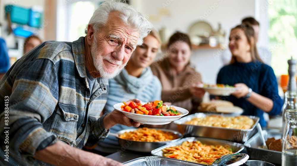 Senior volunteer man helping in a community kitchen, serving foo Senior volunteer man helping in a community kitchen, serving foo