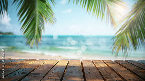 Top of wood table with seascape and palm leaves  sky at tropical beach background