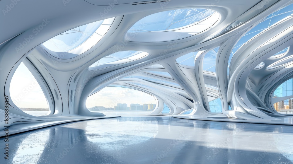 Futuristic white building interior in 360 degree VR style