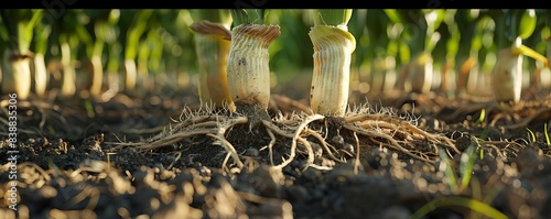 Corn roots in the soil, high-definition, soft natural light, detailed textures, close-up shot, vibrant and intricate photo