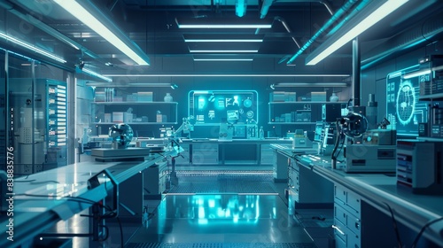 Futuristic laboratory with advanced technology equipment, illuminated by blue lights, featuring lab benches and scientific instruments.