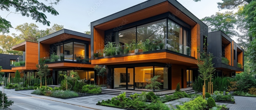 A row of modern beautiful homes with large windows surrounded by a garden A row of modern beautiful homes with large windows surrounded by a garden