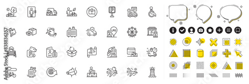 Set of Filling station, Delivery calendar and Parking line icons for web app. Design elements, Social media icons. Lighthouse, Electric bike, Map icons. Vector