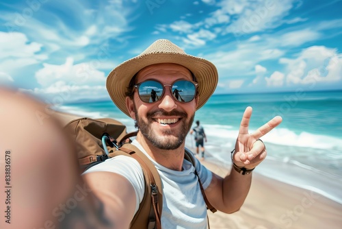 Handsome man wearing hat and sunglasses taking selfie picture on summer vacation day