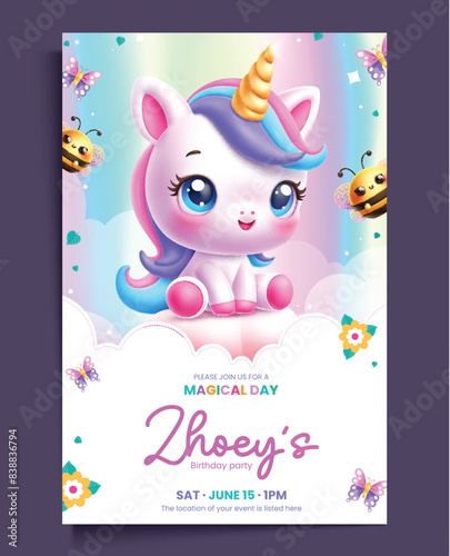Birthday unicorn invitation card vector template design. Birthday invitation card with unicorn cute pony character and bee elements for kids party greeting invitation poster background. Vector 