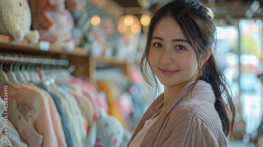 Young Japanese Pregnant Mother Shopping for Baby Clothes with a Bright Smile at Modern Store. Young Japanese Pregnant Mother Shopping for Baby Clothes with a Bright Smile at Modern Store.