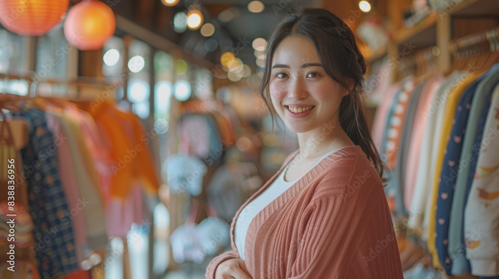 Obraz premium Young Japanese Pregnant Mother Shopping for Baby Clothes with a Bright Smile at Modern Store.