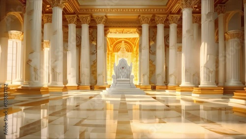 Opulent royal palace great hall featuring a white throne, gold accents, and high ceilings. Concept Opulent Palace Interior, White Throne, Gold Accents, High Ceilings, Royal Hall photo