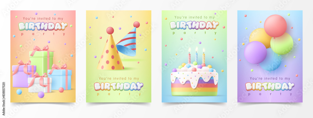 Set of 3d kid birthday invitation greeting card template. Birthday anniversary and kids party with cake, colorful balloon, gift box and party hat on rainbow background for children poster, wallpaper