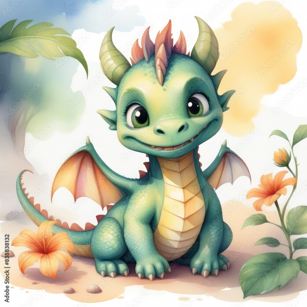 Fototapeta premium Happy baby dragon is sitting among flowers in a vibrant garden. The dragon looks friendly with big eyes and small wings, enjoying the sunny weather