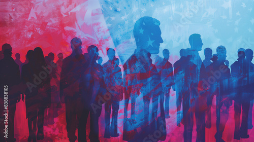 US Presidential Election Concept: Voter Silhouettes and American Flag Background.A powerful representation of the US Presidential Election, this image features silhouettes of people against a backdrop