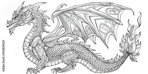 The Dragon vector hand drawing coloring page black and white on isolated white background