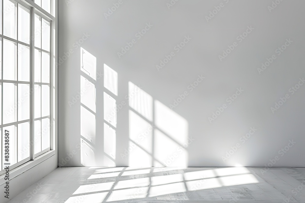 Fototapeta premium Bright sunlight casting shadows on empty white room.