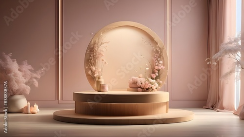 An awe-inspiring scene comes to life as a round wooden podium is bathed in radiant backlighting and ethereal haze, suffused with delicate pastel golden-brown shades, all meticulously generated by AI, 