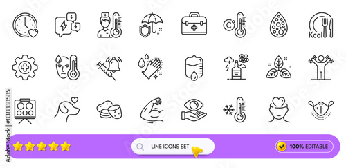 Washing hands, Potato and Fair trade line icons for web app. Pack of Umbrella, Artificial colors, First aid pictogram icons. Pets care, Thermometer, Health eye signs. Calories. Search bar. Vector