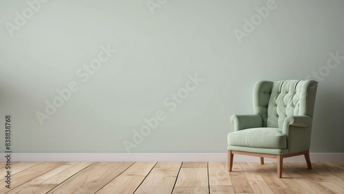 Interior home of living room with pastel green armchair on green wall copy space mock up  Scandinavian style