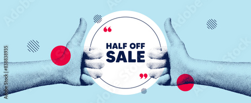Hands showing thumb up like sign. Half off sale. Special offer price sign. Advertising discounts symbol. Half off sale round frame message. Grain dots hand. Like thumb up sign. Vector