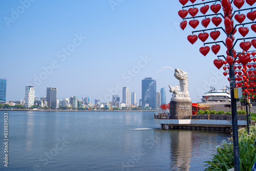 The carp turning into (Ca Chep Hoa Rong)a dragon statue in Da Nang ,
a special significance for the tourism activities of the city.
Viewpoint Ca Chep Hoa Rong da nang city, vietnam. photo