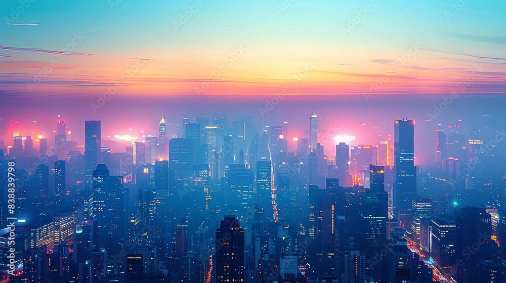 Fototapeta premium Smogfilled cityscape close up, focus on, copy space, vibrant colors, Double exposure silhouette with data analytics